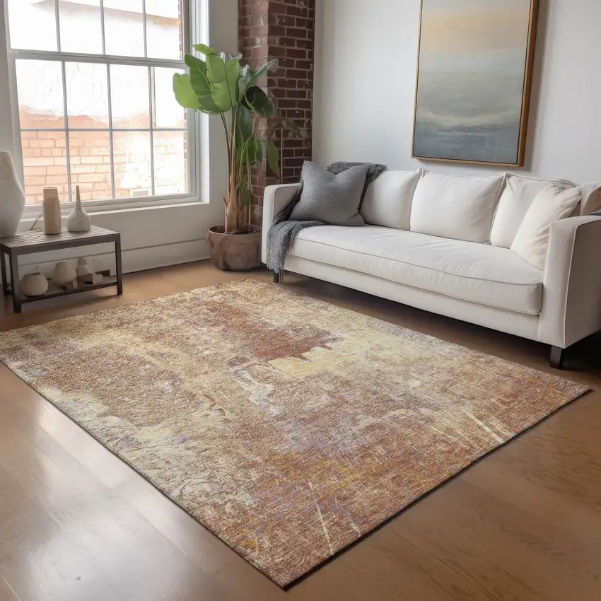 Terra Cotta And Beige Abstract Washable Indoor Outdoor Area Rug Photo 9