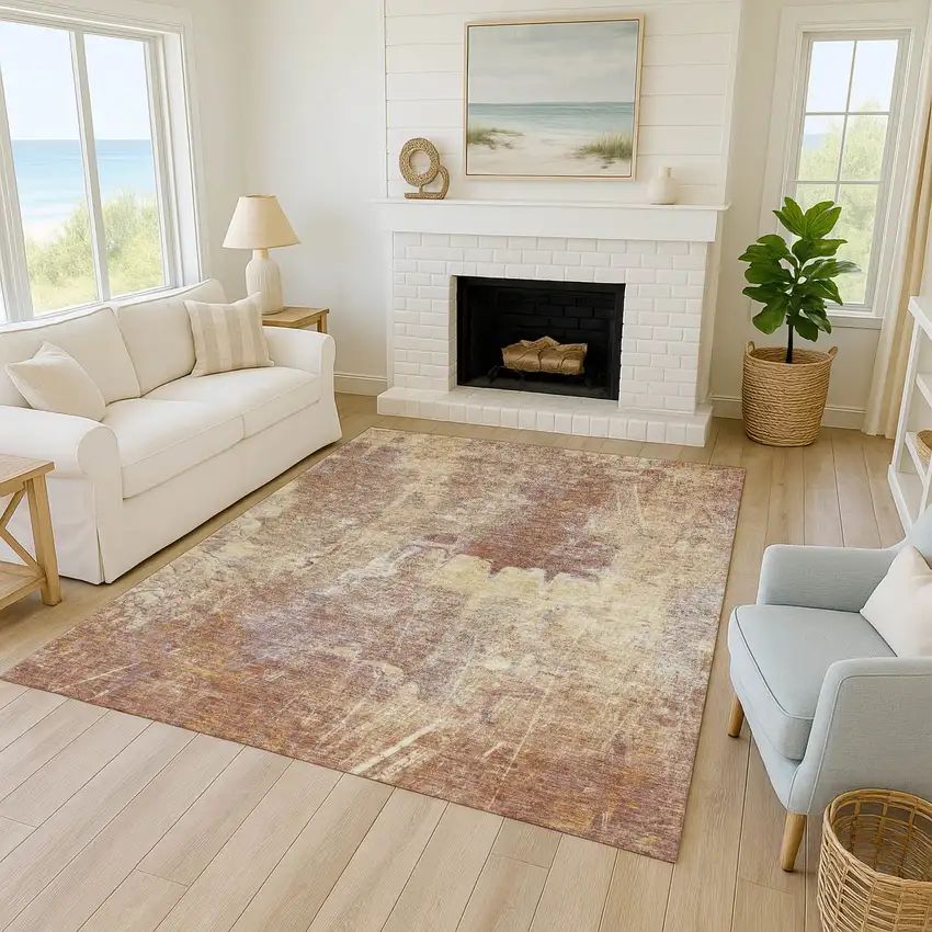 Terra Cotta And Beige Abstract Washable Indoor Outdoor Area Rug Photo 8