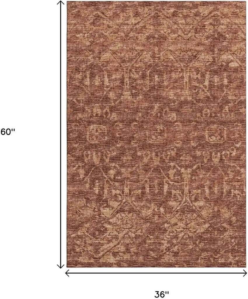 Terra Cotta And Beige Damask Washable Indoor Outdoor Area Rug Photo 9