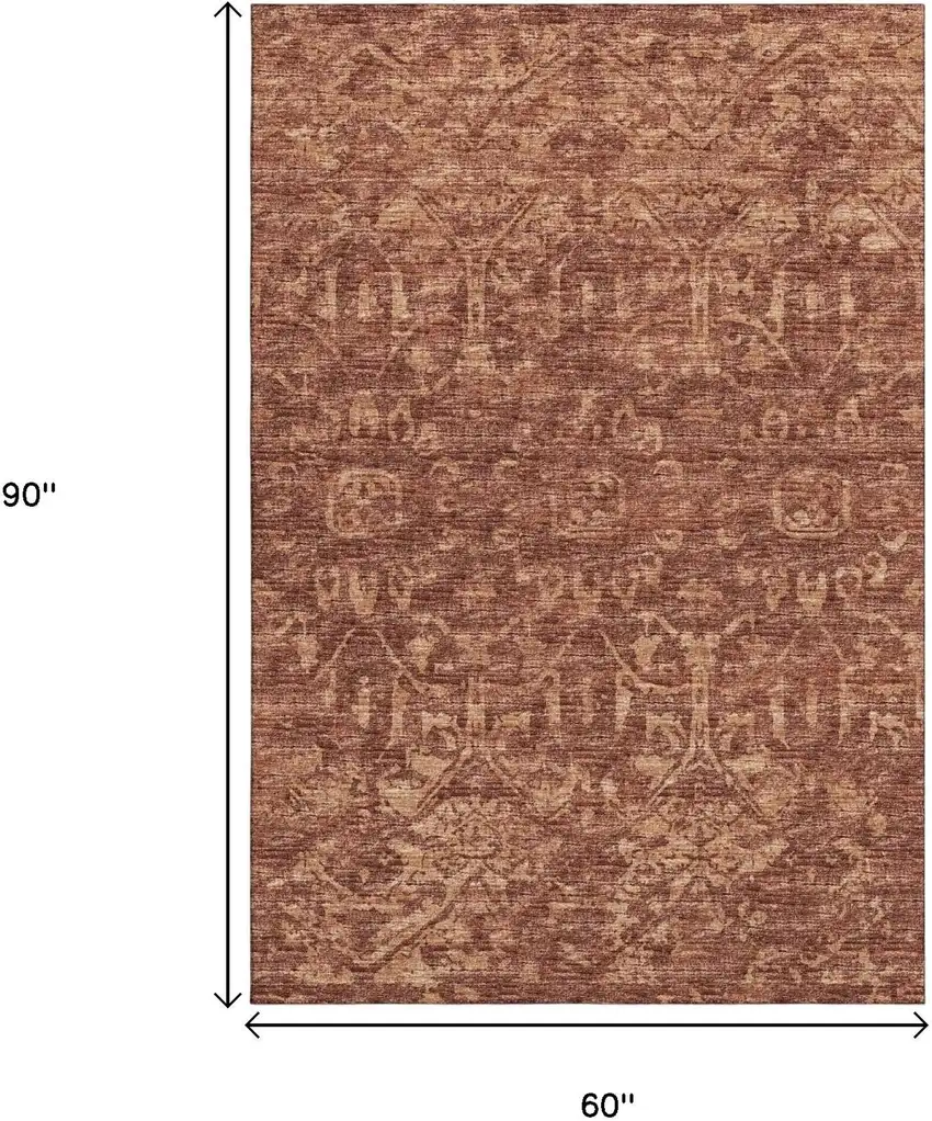 Terra Cotta And Beige Damask Washable Indoor Outdoor Area Rug Photo 3