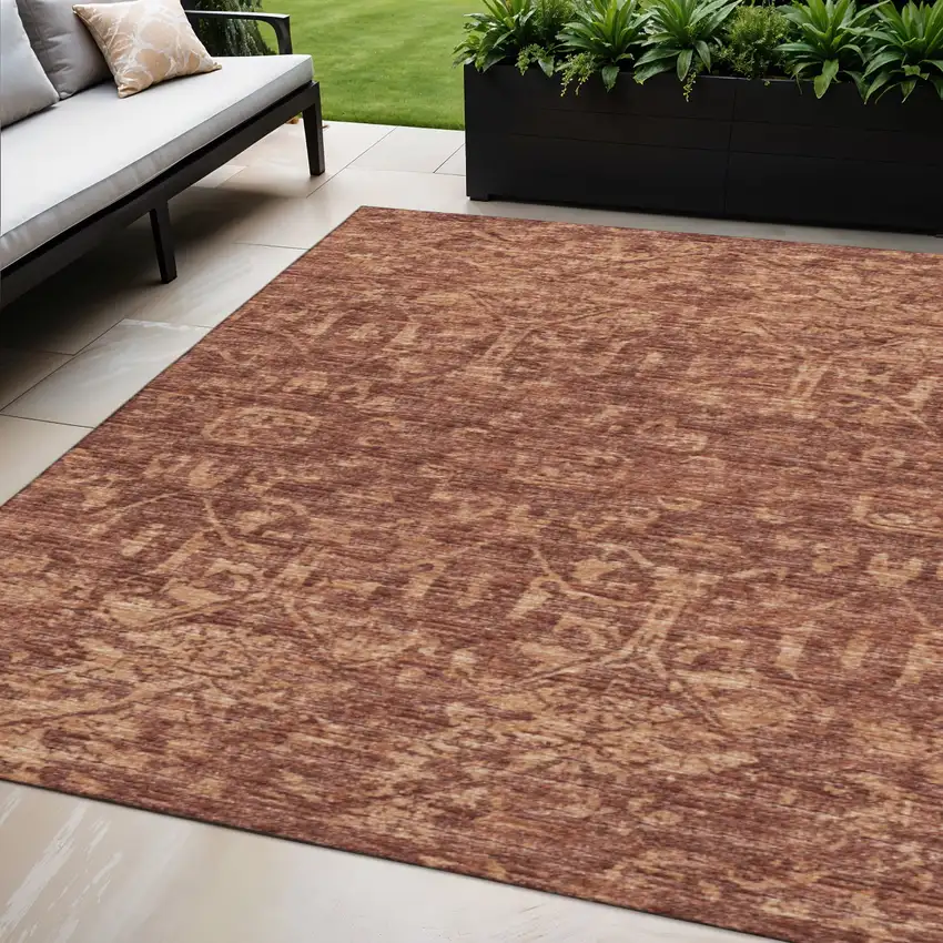 Terra Cotta And Beige Damask Washable Indoor Outdoor Area Rug Photo 1