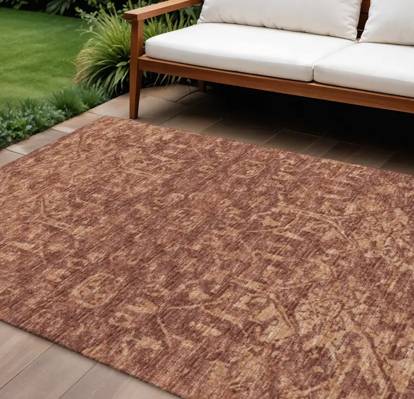 Terra Cotta And Beige Damask Washable Indoor Outdoor Area Rug Photo 1