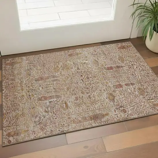 Terra Cotta And Beige Floral Vines Washable Area Rug With UV Protection Photo 2