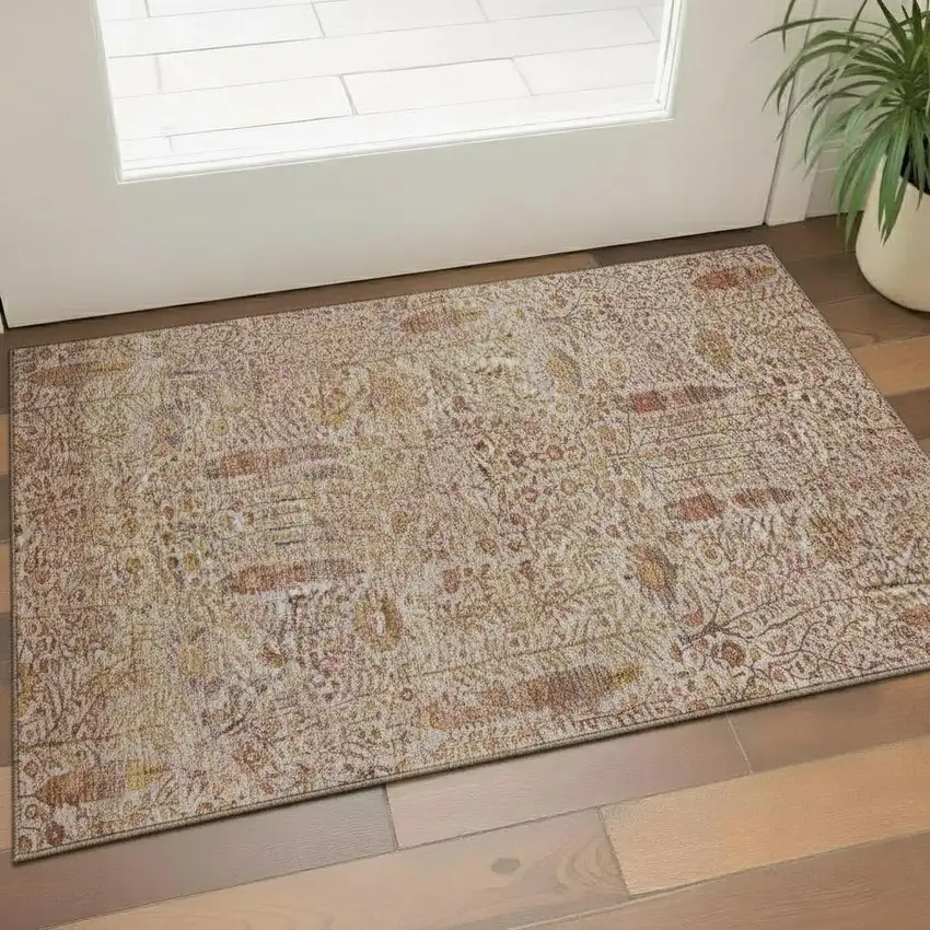 Terra Cotta And Beige Floral Vines Washable Area Rug With UV Protection Photo 2