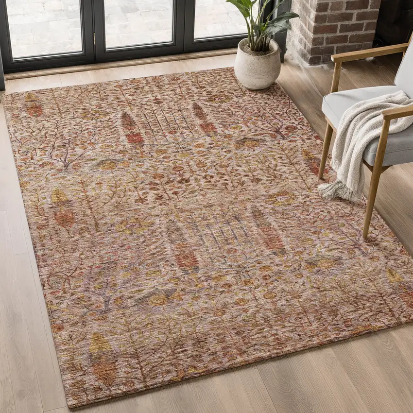 Terra Cotta And Beige Floral Vines Washable Area Rug With UV Protection Photo 5
