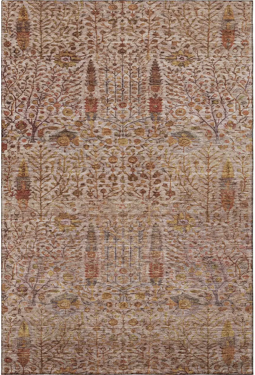 Terra Cotta And Beige Floral Vines Washable Area Rug With UV Protection Photo 4