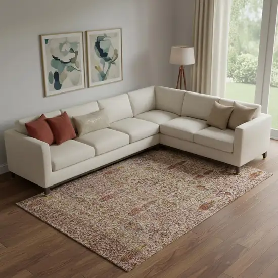 Terra Cotta And Beige Floral Vines Washable Area Rug With UV Protection Photo 2