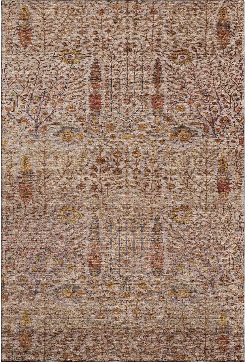 Terra Cotta And Beige Floral Vines Washable Area Rug With UV Protection Photo 1