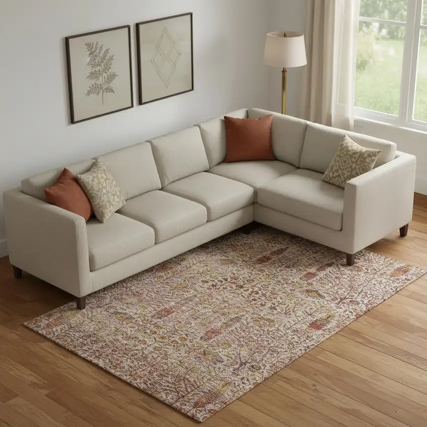 Terra Cotta And Beige Floral Vines Washable Area Rug With UV Protection Photo 2