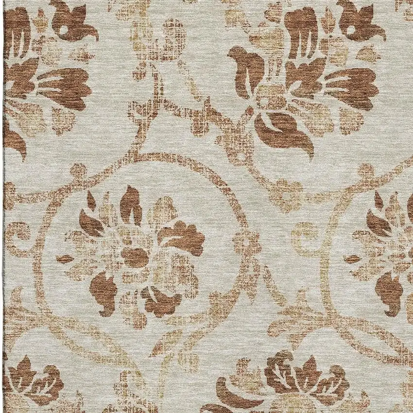 Terra Cotta And Beige Floral Washable Area Rug With UV Protection Photo 3