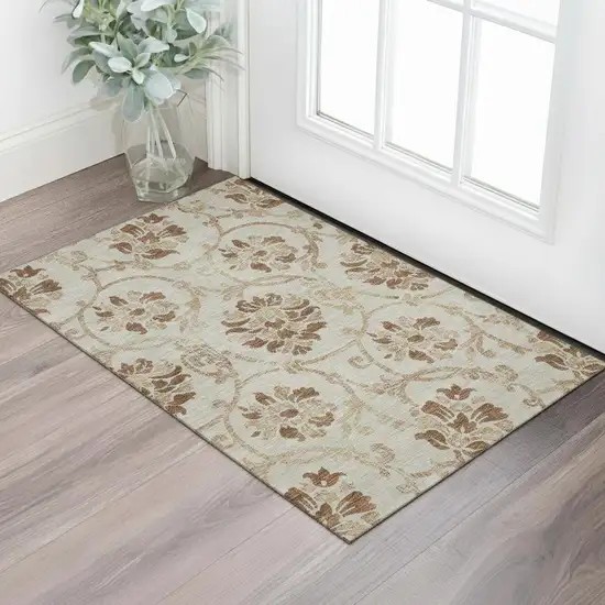 Terra Cotta And Beige Floral Washable Area Rug With UV Protection Photo 1