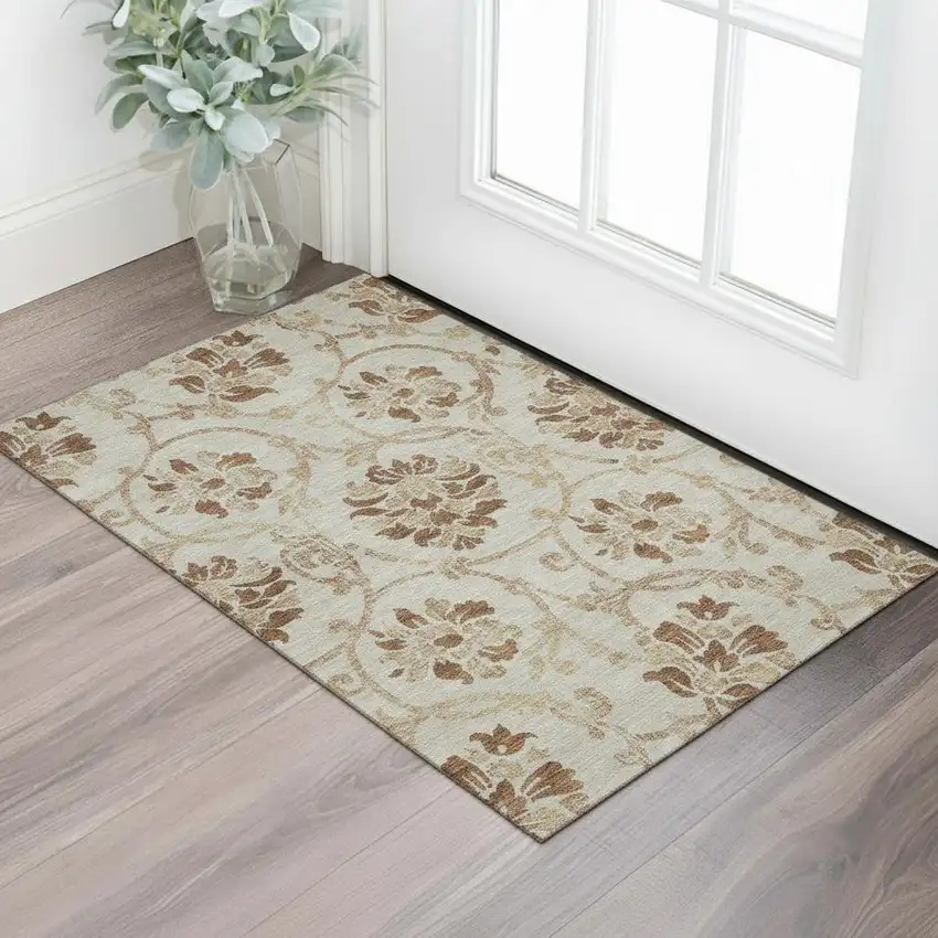Terra Cotta And Beige Floral Washable Area Rug With UV Protection Photo 1