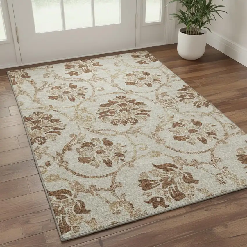 Terra Cotta And Beige Floral Washable Area Rug With UV Protection Photo 2