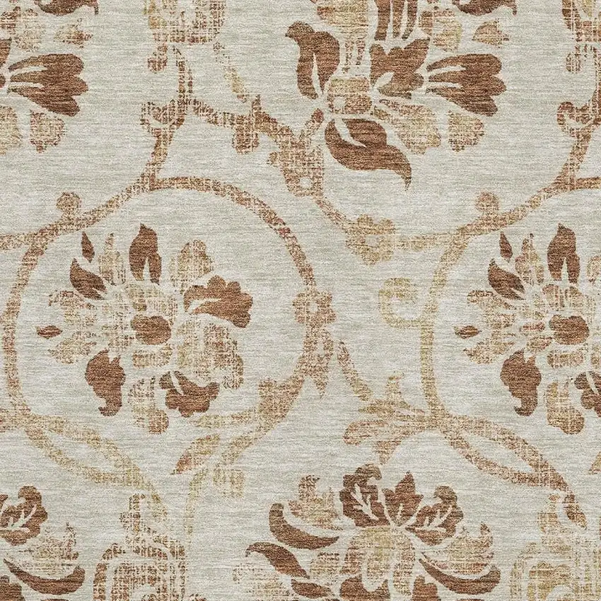 Terra Cotta And Beige Floral Washable Area Rug With UV Protection Photo 3