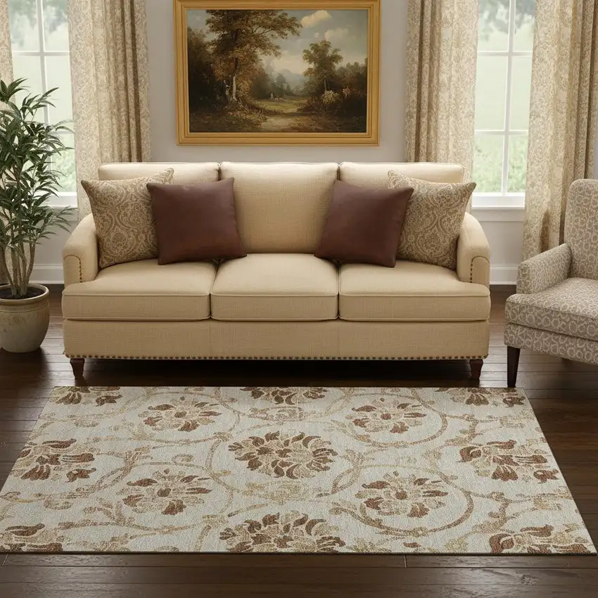 Terra Cotta And Beige Floral Washable Area Rug With UV Protection Photo 1