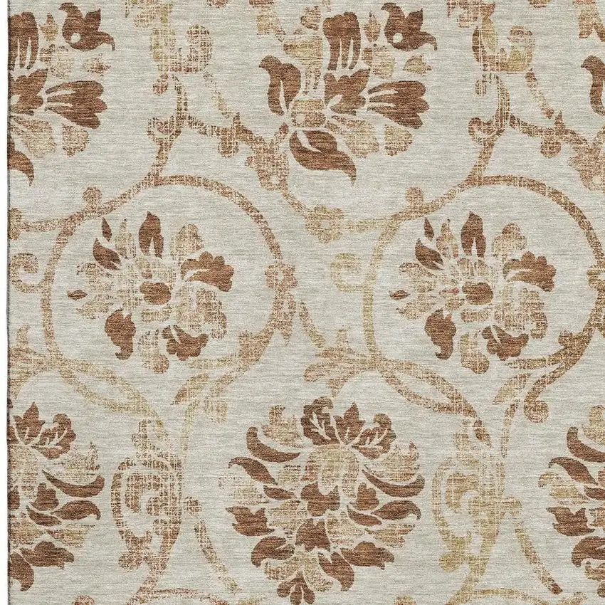 Terra Cotta And Beige Floral Washable Area Rug With UV Protection Photo 4