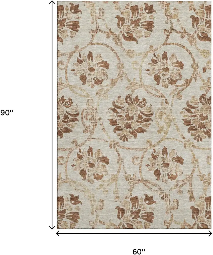 Terra Cotta And Beige Floral Washable Area Rug With UV Protection Photo 3