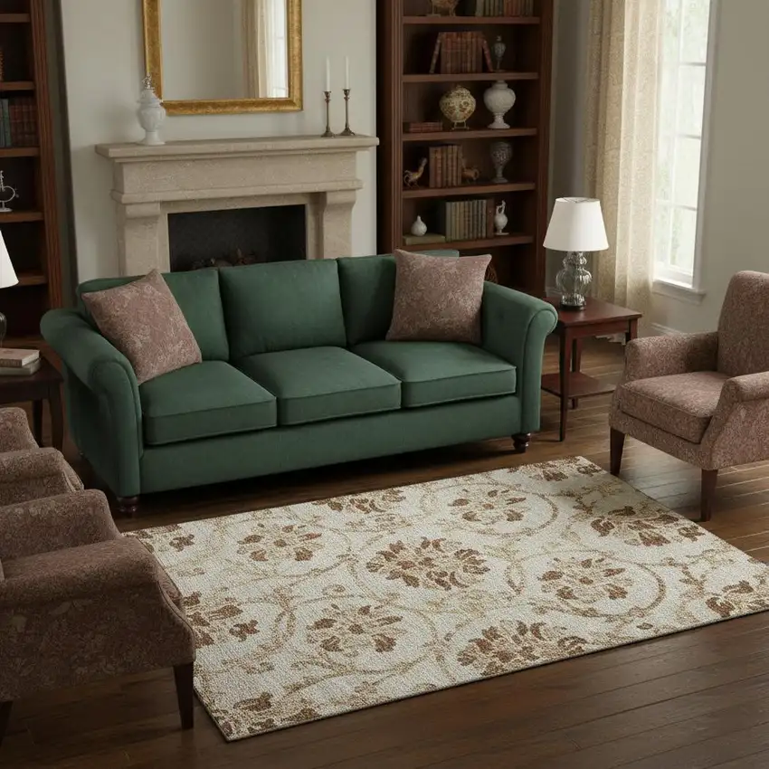 Terra Cotta And Beige Floral Washable Area Rug With UV Protection Photo 2