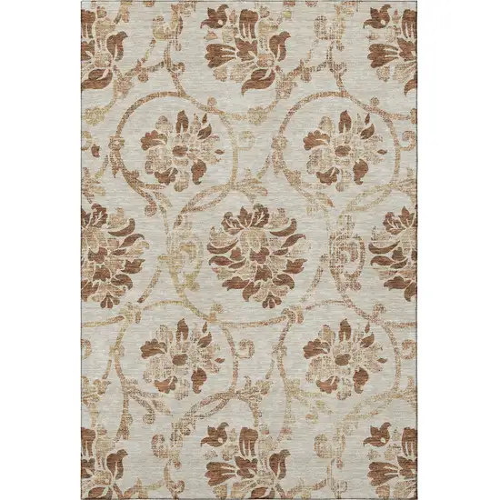 Terra Cotta And Beige Floral Washable Area Rug With UV Protection Photo 4