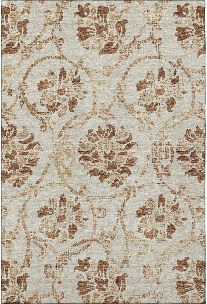 Terra Cotta And Beige Floral Washable Area Rug With UV Protection Photo 4