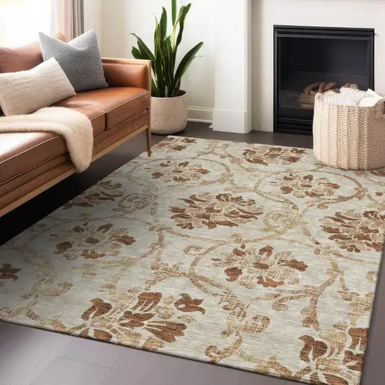 Terra Cotta And Beige Floral Washable Area Rug With UV Protection Photo 6