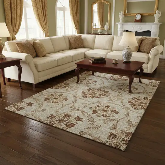 Terra Cotta And Beige Floral Washable Area Rug With UV Protection Photo 2