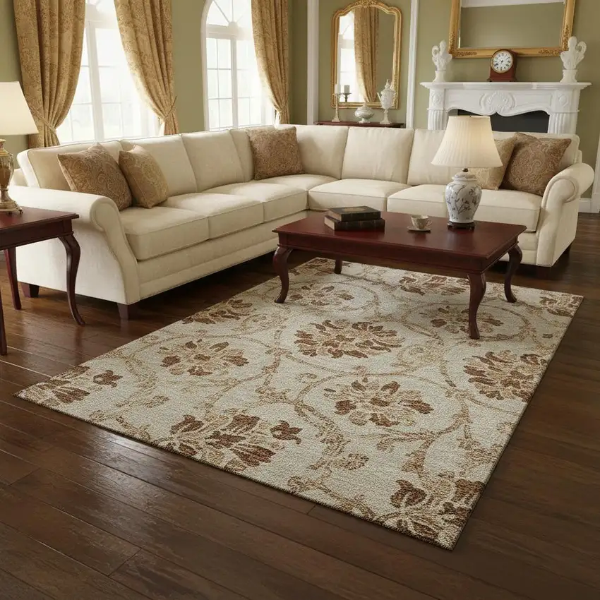 Terra Cotta And Beige Floral Washable Area Rug With UV Protection Photo 2