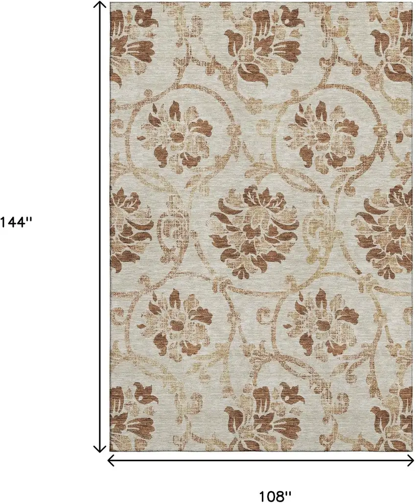 Terra Cotta And Beige Floral Washable Area Rug With UV Protection Photo 3
