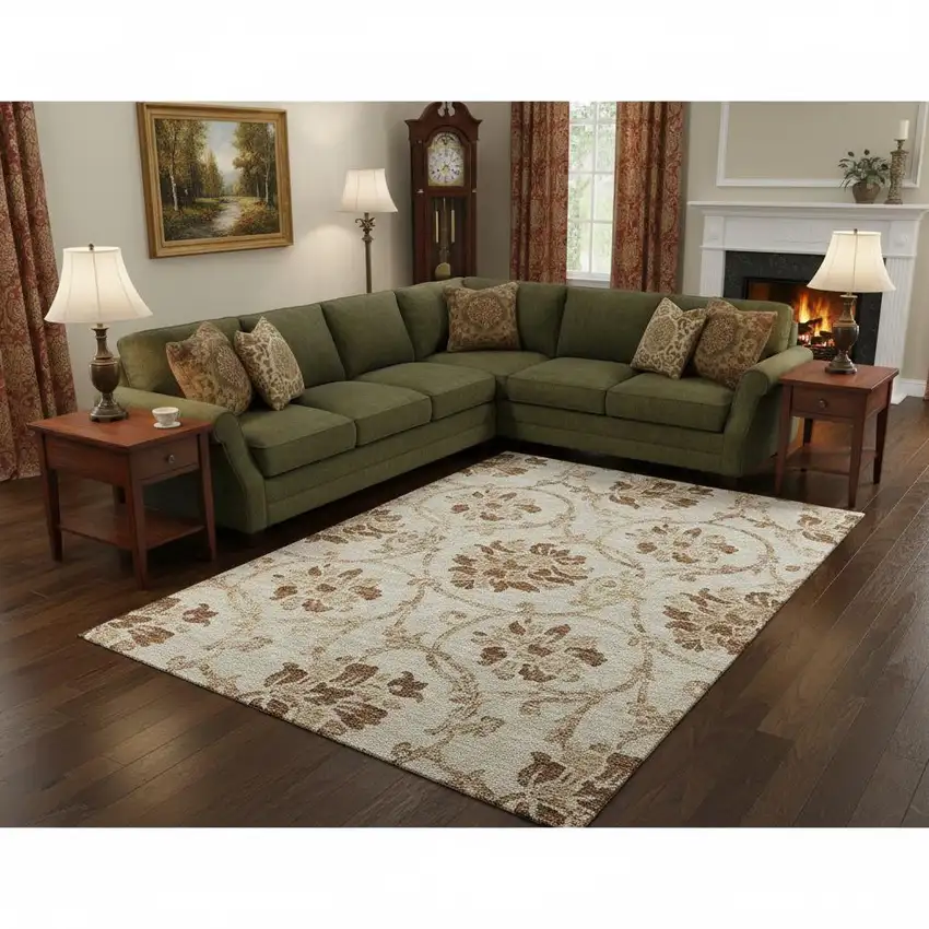 Terra Cotta And Beige Floral Washable Area Rug With UV Protection Photo 2