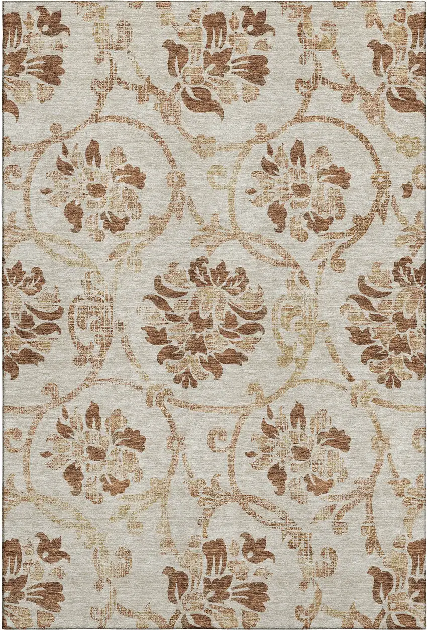 Terra Cotta And Beige Floral Washable Area Rug With UV Protection Photo 1