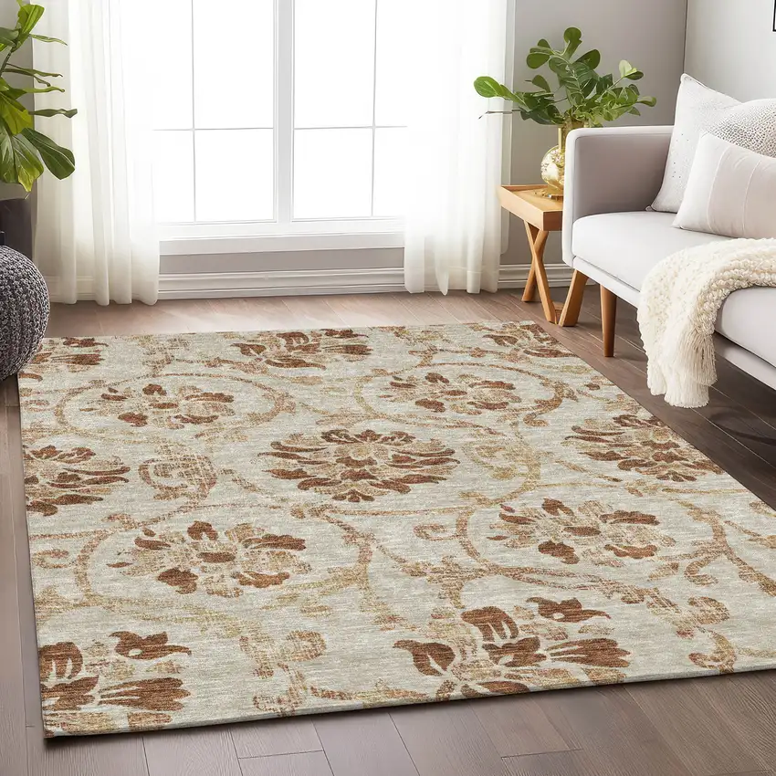 Terra Cotta And Beige Floral Washable Area Rug With UV Protection Photo 4