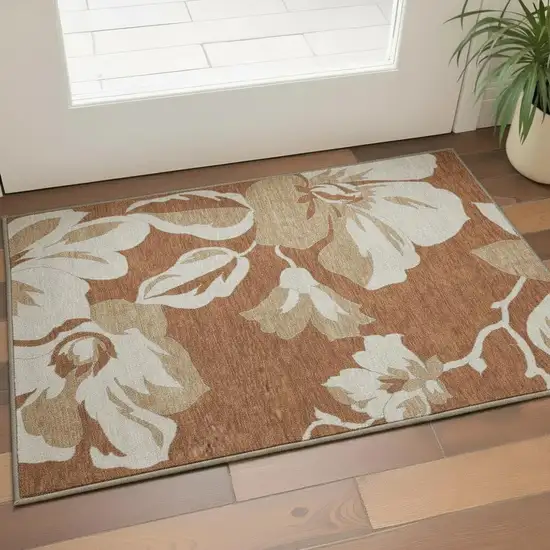 Terra Cotta And Beige Floral Washable Area Rug With UV Protection Photo 2
