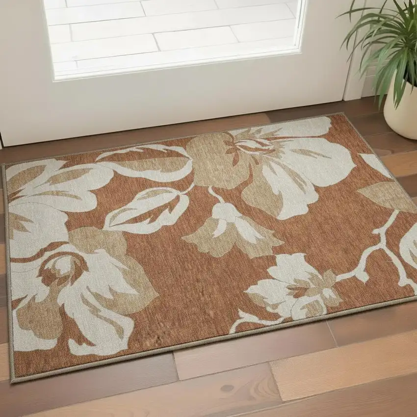 Terra Cotta And Beige Floral Washable Area Rug With UV Protection Photo 2