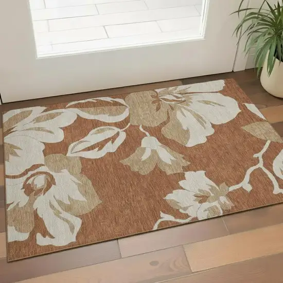 Terra Cotta And Beige Floral Washable Area Rug With UV Protection Photo 1