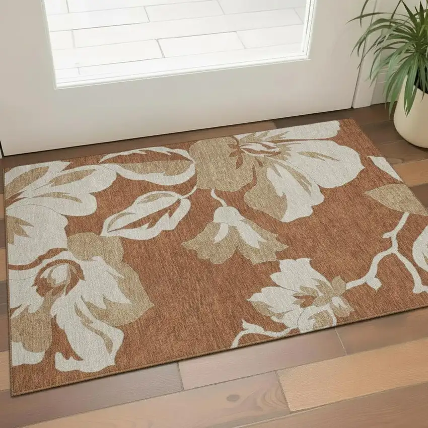 Terra Cotta And Beige Floral Washable Area Rug With UV Protection Photo 1