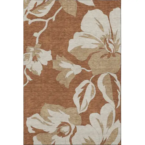 Terra Cotta And Beige Floral Washable Area Rug With UV Protection Photo 4