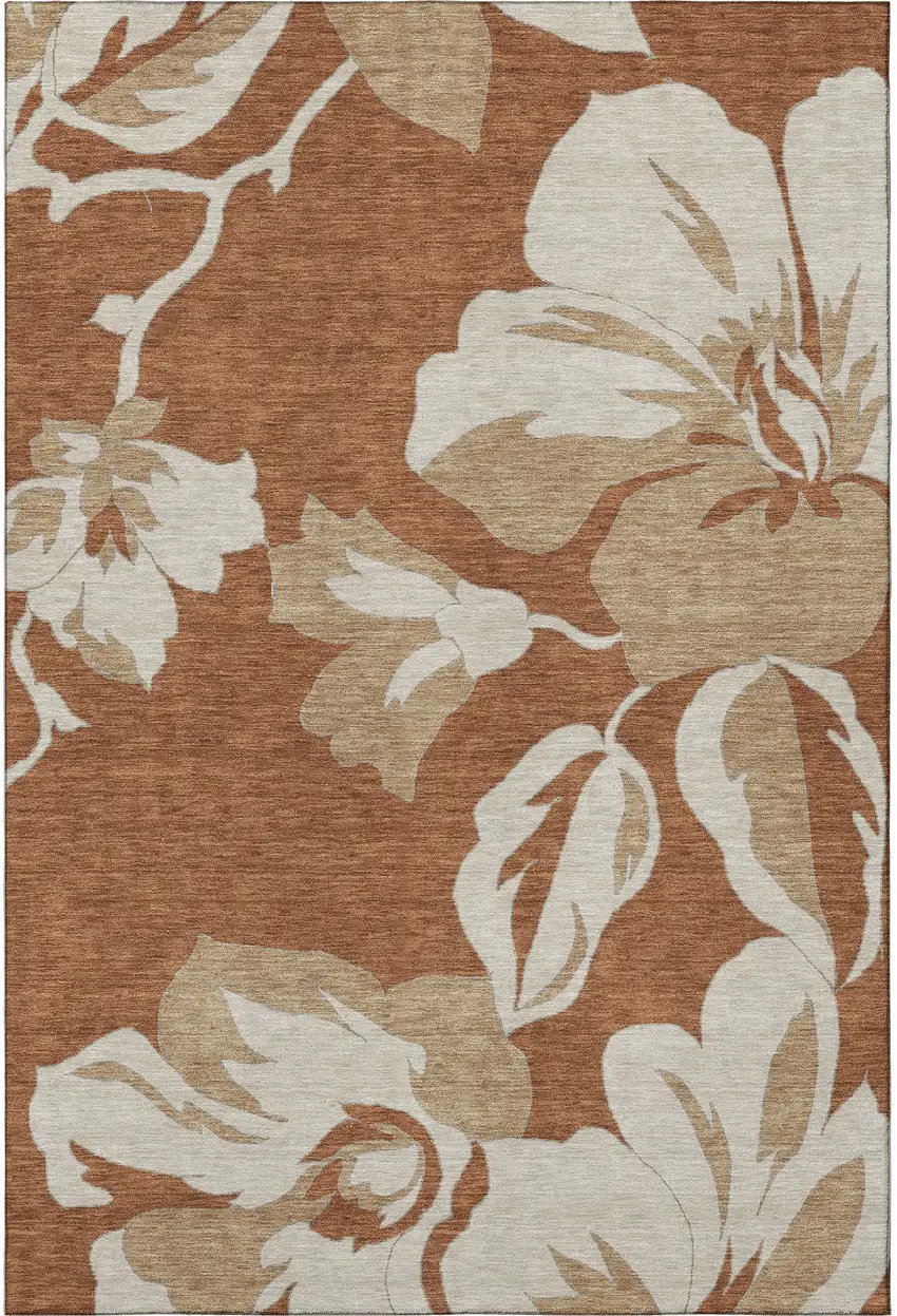 Terra Cotta And Beige Floral Washable Area Rug With UV Protection Photo 4