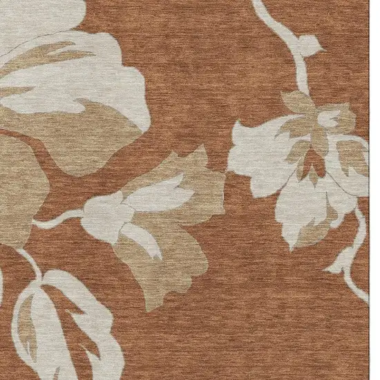 Terra Cotta And Beige Floral Washable Area Rug With UV Protection Photo 3