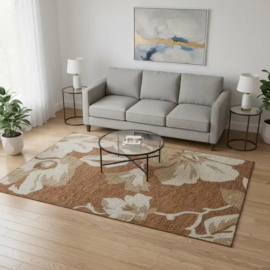 Terra Cotta And Beige Floral Washable Area Rug With UV Protection Photo 2