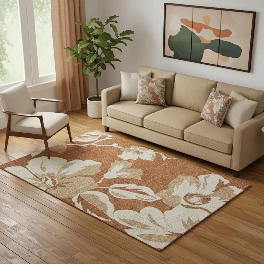 Terra Cotta And Beige Floral Washable Area Rug With UV Protection Photo 1