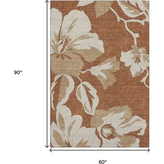 Terra Cotta And Beige Floral Washable Area Rug With UV Protection Photo 8