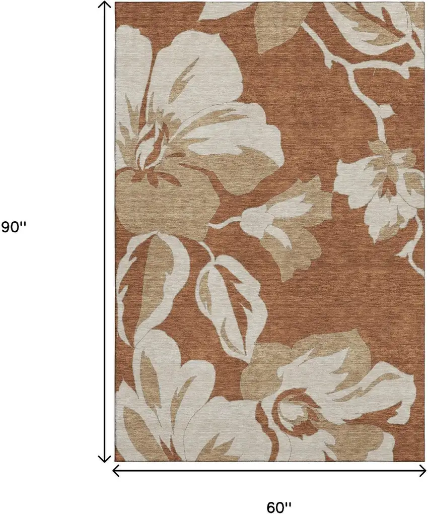Terra Cotta And Beige Floral Washable Area Rug With UV Protection Photo 8