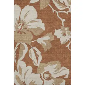 Photo of Terra Cotta And Beige Floral Washable Area Rug With UV Protection