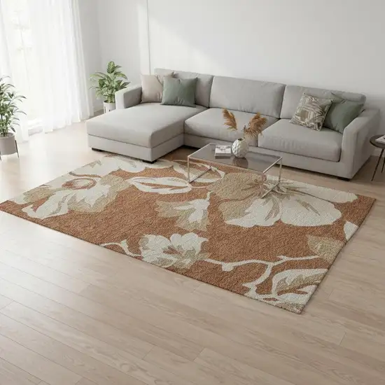 Terra Cotta And Beige Floral Washable Area Rug With UV Protection Photo 2
