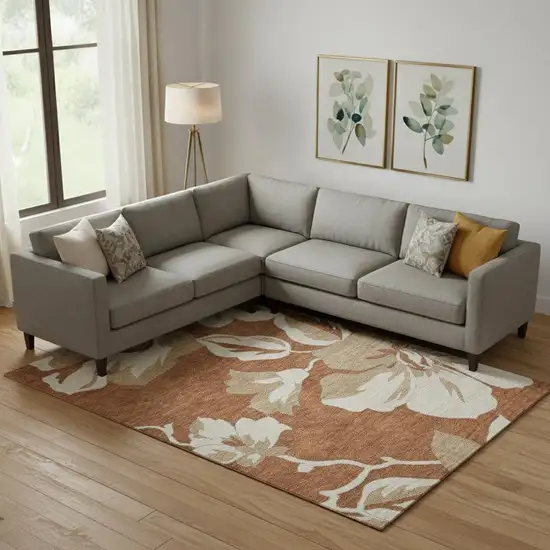 Terra Cotta And Beige Floral Washable Area Rug With UV Protection Photo 1