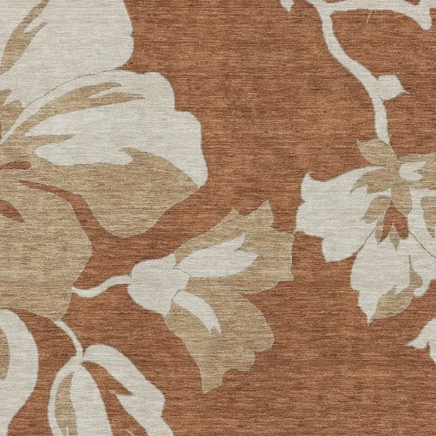 Terra Cotta And Beige Floral Washable Area Rug With UV Protection Photo 3