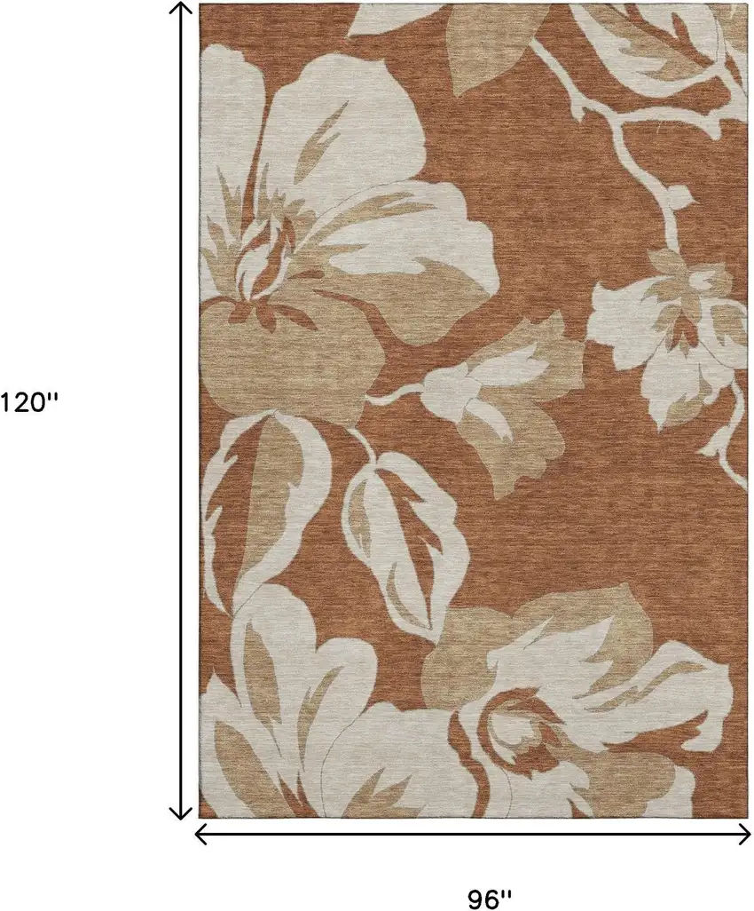 Terra Cotta And Beige Floral Washable Area Rug With UV Protection Photo 8