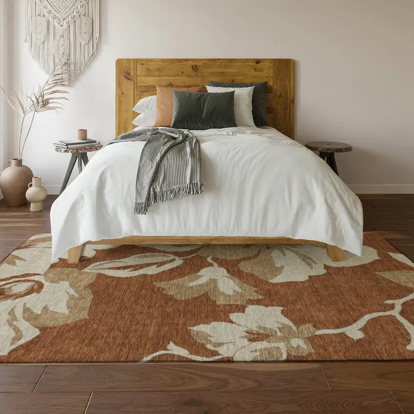 Terra Cotta And Beige Floral Washable Area Rug With UV Protection Photo 6