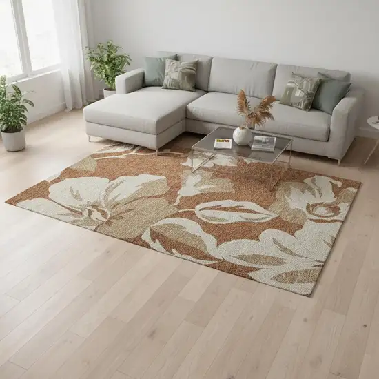 Terra Cotta And Beige Floral Washable Area Rug With UV Protection Photo 2