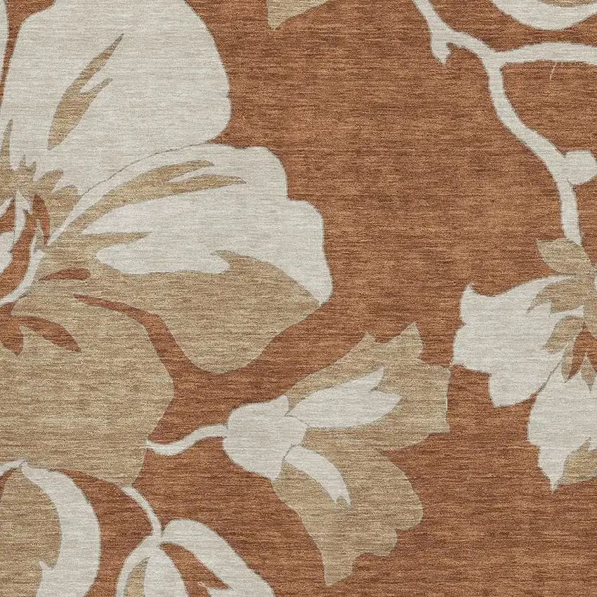Terra Cotta And Beige Floral Washable Area Rug With UV Protection Photo 3